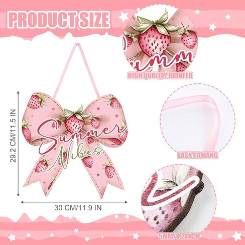 RattanView Retro Summer Bow Wooden Hanging Sign Strawberry Bow Wall Hanging Cute Preppy Wall Art Bowknot Welcome Door Sign Girly Decor for Girls Room College Dorm Apartment Indoor Outdoor Porch in Kuwait