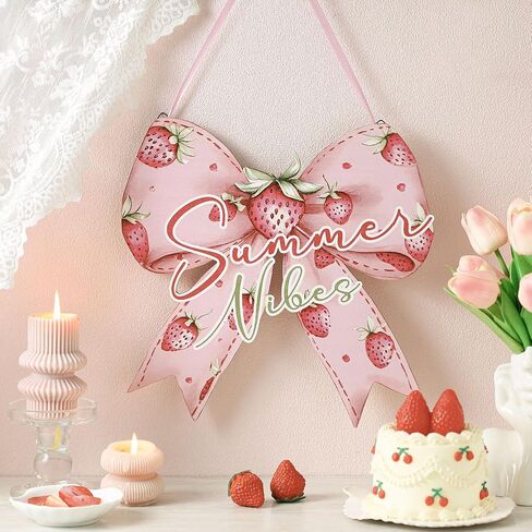 RattanView Retro Summer Bow Wooden Hanging Sign Strawberry Bow Wall Hanging Cute Preppy Wall Art Bowknot Welcome Door Sign Girly Decor for Girls Room College Dorm Apartment Indoor Outdoor Porch in Kuwait