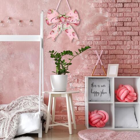 RattanView Retro Summer Bow Wooden Hanging Sign Strawberry Bow Wall Hanging Cute Preppy Wall Art Bowknot Welcome Door Sign Girly Decor for Girls Room College Dorm Apartment Indoor Outdoor Porch in Kuwait