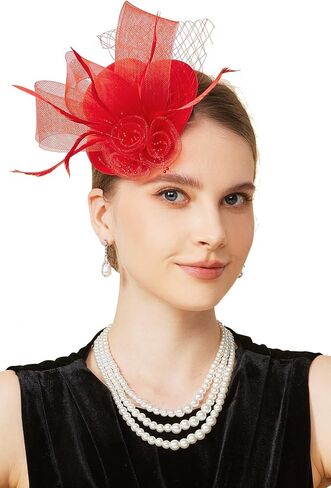 قبعات Babeyond fascinators للنساء - قبعة شاي أعلى ميني شاي الحجاب ريشة كنتاكي فورتور زهرة الشبكة مقطع الشعر in Saudi Arabia