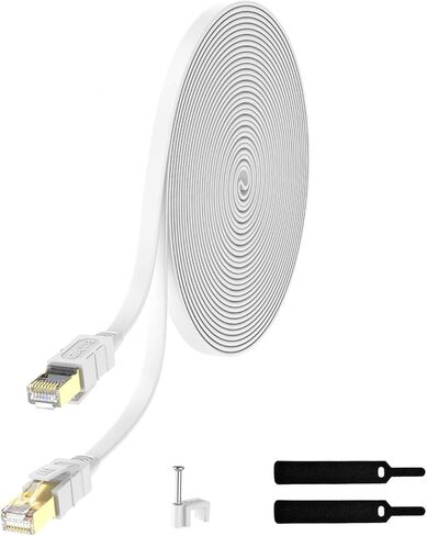 كابل Lovicool Cat 8 Ethernet بطول 75 قدمًا، سلك تصحيح LAN مسطح للإنترنت أبيض محمي عالي السرعة، 26AWG 40 جيجابت في الثانية 2000 ميجا هرتز SFTP مع RJ45 مطلي بالذهب مقاوم للطقس S/FTP مقاوم للأشعة فوق البنفسجية لجهاز التوجيه/الألعاب/المودم in Kuwait