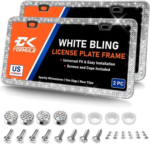 إطارات لوحة ترخيص CK Formula White Bling للنساء، إطار لوحة ترخيص ماسي، إطار لوحة ترخيص من حجر الراين، من الفولاذ المقاوم للصدأ مع فتحتين، ملحقات سيارة لامعة، عبوة من قطعتين in Kuwait