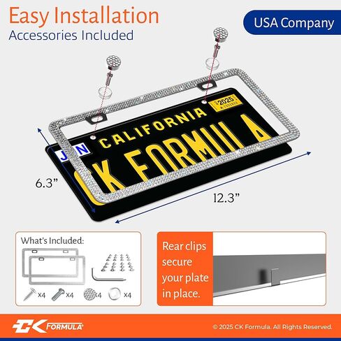 إطارات لوحة ترخيص CK Formula White Bling للنساء، إطار لوحة ترخيص ماسي، إطار لوحة ترخيص من حجر الراين، من الفولاذ المقاوم للصدأ مع فتحتين، ملحقات سيارة لامعة، عبوة من قطعتين in Kuwait
