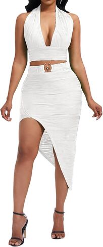 Women's Sexy Clubwear 2 Piece Set Halter Crop Top & High-Slit Bodycon Skirt for Night Out in Saudi Arabia