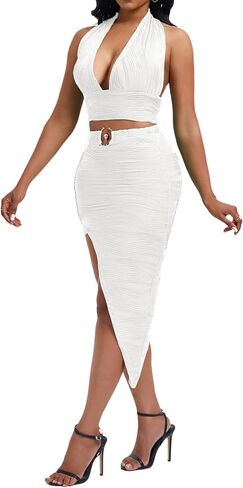 Women's Sexy Clubwear 2 Piece Set Halter Crop Top & High-Slit Bodycon Skirt for Night Out in Saudi Arabia