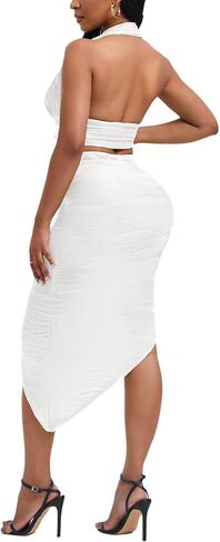 Women's Sexy Clubwear 2 Piece Set Halter Crop Top & High-Slit Bodycon Skirt for Night Out in Saudi Arabia