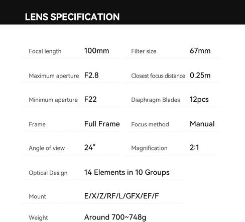 عدسة TTArtisan 100 مم F2.8 2X Ultra Macro بإطار كامل بدون مرآة (حامل FX) in Kuwait