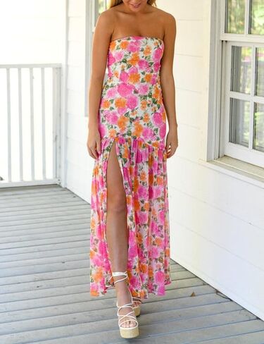 Womens Strapless Maxi Dress Slim High Slit Mesh Long Dress Sexy Party Club Night Out Dress 2024 Summer Vacation in Kuwait