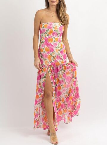 Womens Strapless Maxi Dress Slim High Slit Mesh Long Dress Sexy Party Club Night Out Dress 2024 Summer Vacation in Kuwait