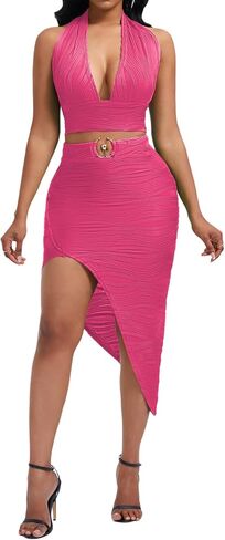 Women's Sexy Clubwear 2 Piece Set Halter Crop Top & High-Slit Bodycon Skirt for Night Out in Saudi Arabia