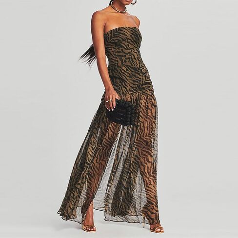 Womens Strapless Maxi Dress Slim High Slit Mesh Long Dress Sexy Party Club Night Out Dress 2024 Summer Vacation in Kuwait