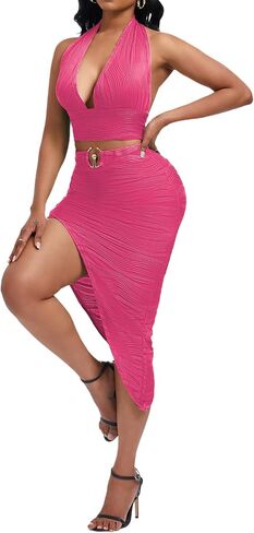 Women's Sexy Clubwear 2 Piece Set Halter Crop Top & High-Slit Bodycon Skirt for Night Out in Saudi Arabia