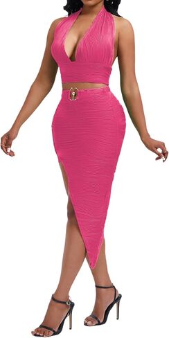 Women's Sexy Clubwear 2 Piece Set Halter Crop Top & High-Slit Bodycon Skirt for Night Out in Saudi Arabia
