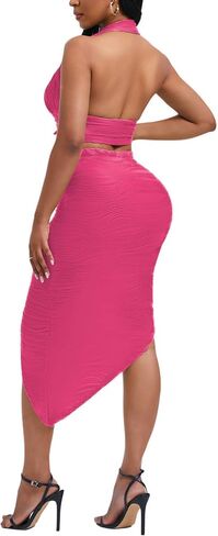 Women's Sexy Clubwear 2 Piece Set Halter Crop Top & High-Slit Bodycon Skirt for Night Out in Saudi Arabia