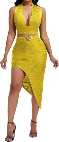 Women's Sexy Clubwear 2 Piece Set Halter Crop Top & High-Slit Bodycon Skirt for Night Out in Saudi Arabia