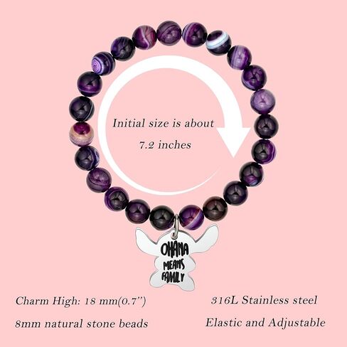 Ohana Means Family Bracelet Natural Stone Beaded Amethyst Bracelets for Womens Inspirational Jewelry Stitch Stuff Gifts for Lover Daughter Mom Niece in Kuwait