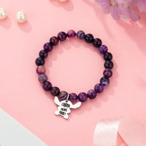 Ohana Means Family Bracelet Natural Stone Beaded Amethyst Bracelets for Womens Inspirational Jewelry Stitch Stuff Gifts for Lover Daughter Mom Niece in Kuwait