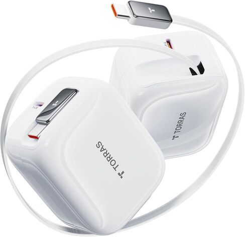 كتلة شاحن TORRAS FlexLine 40W ثنائي المنفذ USB C مع كابل قابل للسحب، شاحن سفر مدمج لهاتف iPhone 16 مع قابس قابل للطي، شاحن من النوع C شحن سريع لهاتف iPhone 16/15/Samsung/AirPods 4/iPad in Kuwait