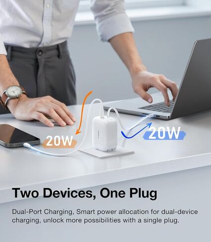 كتلة شاحن TORRAS FlexLine 40W ثنائي المنفذ USB C مع كابل قابل للسحب، شاحن سفر مدمج لهاتف iPhone 16 مع قابس قابل للطي، شاحن من النوع C شحن سريع لهاتف iPhone 16/15/Samsung/AirPods 4/iPad in Kuwait