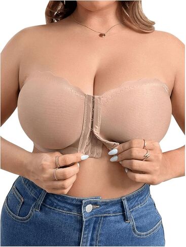 OYOANGLE Women's Plus Size Front Closure Push Up Strapless Bandeau Bra Wireless Tube Bralettes with Clear Strap in Saudi Arabia