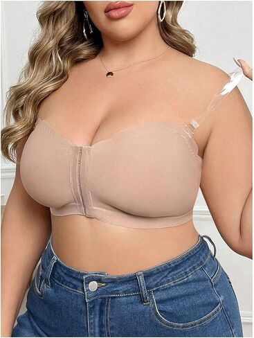 OYOANGLE Women's Plus Size Front Closure Push Up Strapless Bandeau Bra Wireless Tube Bralettes with Clear Strap in Saudi Arabia