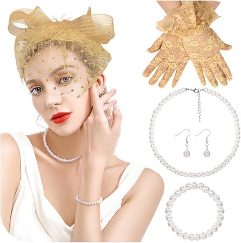 Revolia 5pcs Hats Fascinators قبعة للنساء شاي الحزب الريش حجاب القبعة مع قفازات الدانتيل لحفل حفلات الكوكتيل in Kuwait