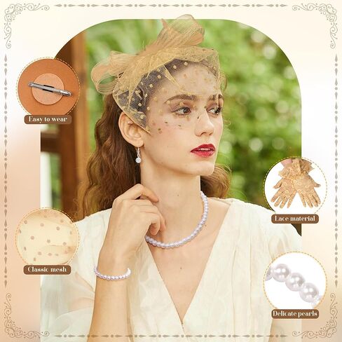 Revolia 5pcs Hats Fascinators قبعة للنساء شاي الحزب الريش حجاب القبعة مع قفازات الدانتيل لحفل حفلات الكوكتيل in Kuwait