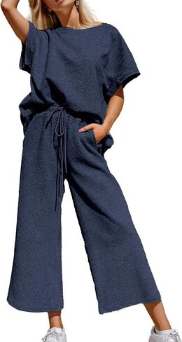 Women's Two Piece Outfits Casual Short Sleeve Pullover Tops Drawstring Wide Leg Pants Sweatsuit Sets in Saudi Arabia