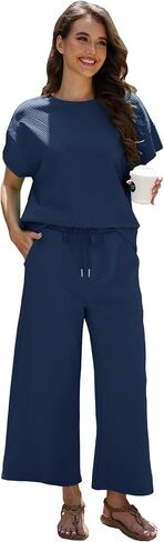 Women's Two Piece Outfits Casual Short Sleeve Pullover Tops Drawstring Wide Leg Pants Sweatsuit Sets in Saudi Arabia
