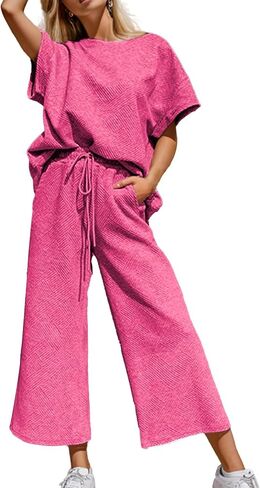 Women's Two Piece Outfits Casual Short Sleeve Pullover Tops Drawstring Wide Leg Pants Sweatsuit Sets in Saudi Arabia