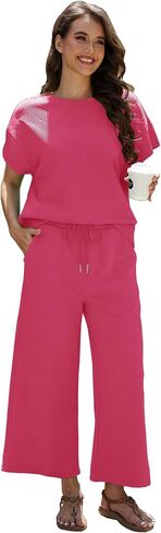 Women's Two Piece Outfits Casual Short Sleeve Pullover Tops Drawstring Wide Leg Pants Sweatsuit Sets in Saudi Arabia