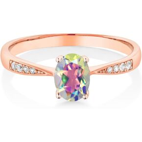 GEM Stone King 10k Rose Gold Mist Mist Mystic Topaz وخاتم الخطوبة الماس الأبيض للنساء (0.86 CTTW ، Gemstone Birthstone ، Oval 7x5mm ، متوفر في الحجم 5 ، 6 ، 7 ، 8 ، 9)
