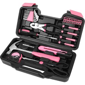 Flexzion 39 Piece Hand Tool Kits with Case - Compact Tool Kit for Handyman, Homeowners DIY - Household Tool Kit for Home with Portable Basic Tool Set Case, Pink in Kuwait