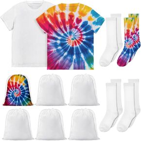 Coume 12 Pcs Tie Dye Kit 6 Pcs Blank Drawstring Bags 2 Pcs Women Men White Cotton T Shirt and 4 Pairs White Knee High Socks for Adults DIY Tie Dye Crafts Groups Party Supplies