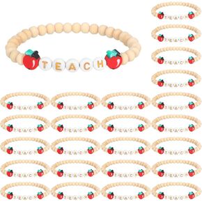 24 Pack Wood Teacher Bracelet Teacher Appreciation Gift Teach Letters Bracelets Apple Stackable Bracelets Wood Color Cute Charm Jewelry Gift