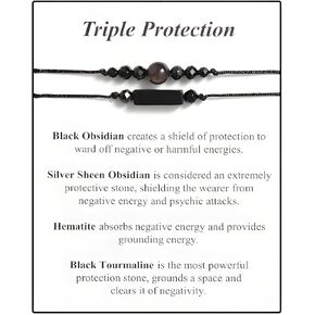 Angyape Protection Obsidian Bracelets,Black Tourmaline Crystals Bracelet Healing Crystal Bracelets Obsidian Triple Protection Bracelet Beaded Jewelry Gifts For Men Women