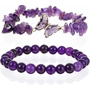 2Pcs Amethyst Beaded Bracelets for Women Stretch Purple Crystal Bead Friendship Bracelet with Butterfly Charms Stretchy Layered Bracelets Jewelry Gifts for Women Best Friend
