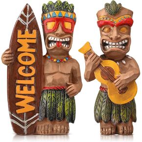 2 Pcs Welcome Tiki Statue with Surfboard Ukulele Mini Hawaiian Tiki Resin Decorations Hawaii Miniature Dashboard Doll Bar Figurines Table Centerpieces for Summer Bar Home Office Party Gifts