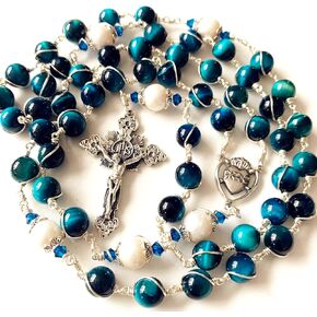 elegantmedical HANDMADE Sterling Silver Wire Wrapped Blue Tiger Eye Beads & Real Pearl Rosary Cross Necklace Catholic GIFTS