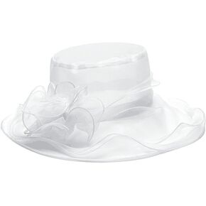Women White Organza Church Dress Hat Tea Party Fascinator Derby Hat Flower Wide Brim Summer Sun Hat for Wedding