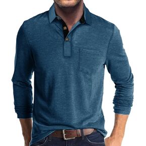 Men's Long Sleeve Polo Shirts Casual Button Classic Work Shirt Cotton Collared Basic Golf Shirt with Pocket