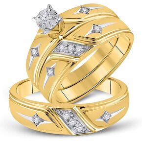 His and Hers Bridal Womens and Mens Engagment and Wedding Band Complete Trio Matching Wedding Rings Set 14K Yellow Gold Round Diamond Cross 1/5 Cttw