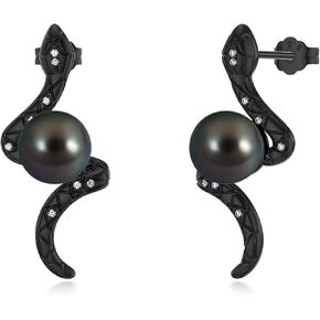 Tahitian Black Pearl Earrings 925 Sterling Silver Black Snake Stud Earrings Animal Snake Jewelry Pearl Gift for Wife Women Mom Jewelry for Wedding Birthday