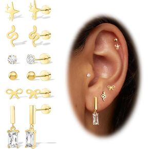 أقراط خلفية مسطحة من التيتانيوم ، 6 أزواج برغي الظهر حلق للنساء أقراط هيبوالرجينيك 14K الذهب والفضة اللولبية الغضروفية محارة tragus ثقب المجوهرات CZ حش