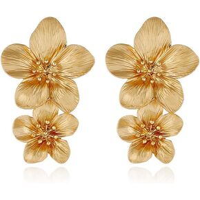 Statement Gold Multi Flower Earrings for Women Exaggerated Large18K Yellow Gold Plated, Hypoallergenic Smooth Textured Dangly Earrings for Women - Sturdy, Lightweight Perfect for Everyday Wear, Coachella Jewelry, and Mother's Day Gifts (Triple Flower ,Gol