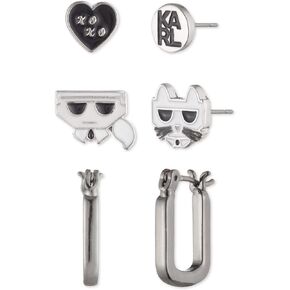 Karl Lagerfeld Paris Earrings Trio, Two-Tone/Jet, Set of 3 Pair