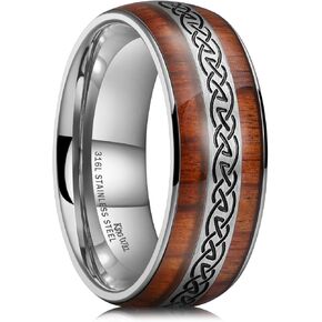 King Will Nature 4mm/6mm Domed Koa Wood Stainless Steel Ring Wedding Band Turquoise Granules Inlay High Polished Domed Black/Silver/Rose Gold Plated for Men Women