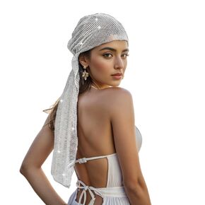 Munyee Hua Long Rhinestone Head Scarf Skullies for Women Bling Headband Glitter Headpiece Elastic Snood Hijab Cap Mesh Diamond Hat Ball Party Turban Sequin Bandana (Black)