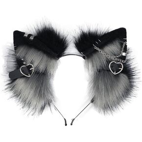 Furry Cat Ears Headband Punk Gothic Heart Clips Animal Ears Hair Hoop for Halloween Cosplay Costume Party