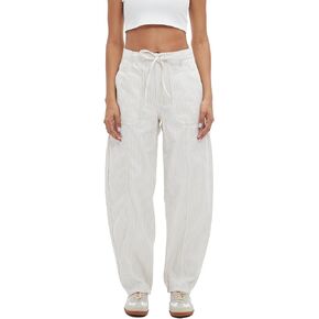 Striped Pants Women Loose Mid Rise Stripe Barrel Jeans Casual Wide Leg Denim Trouser with Drawstring